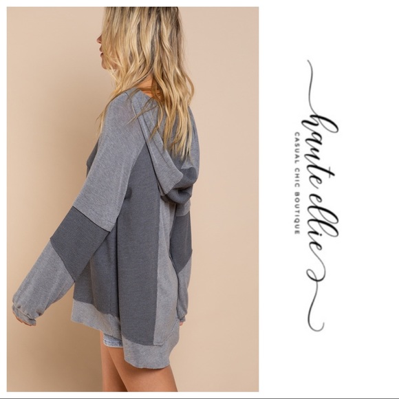 Sweet Rebecca-Hooded Blocked Gray Pullover - Picture 3 of 7